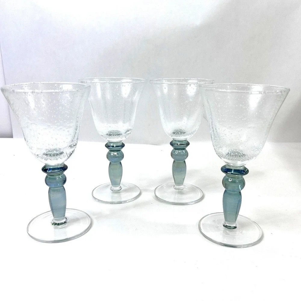 Pottery Barn Bubble Wine Glasses Aqua Green Stem Goblets Set of 4‎